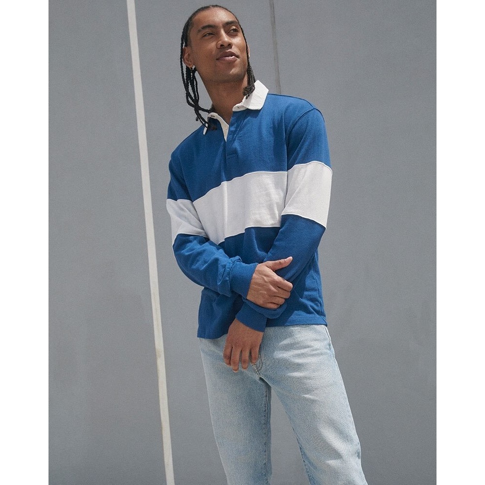 AYR Mens The Go Team Blue White Striped Long Sleeve Cotton Rugby Shirt Large